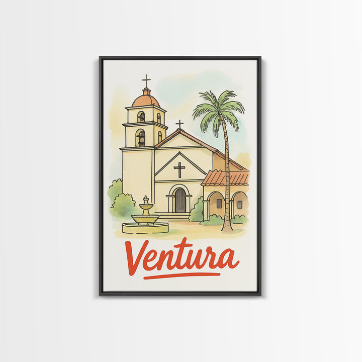 Ventura California Travel Poster, Framed Canvas Print, Illustrated City Wall Art, Ventura City Art, Travel Poster Art, Gift For Travelers