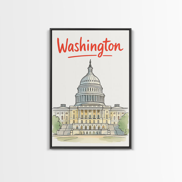 Washington Travel Poster, Framed Canvas Print, Soft Sketch Travel Art, Washington Poster Print, Travel Poster Art, City Illustration