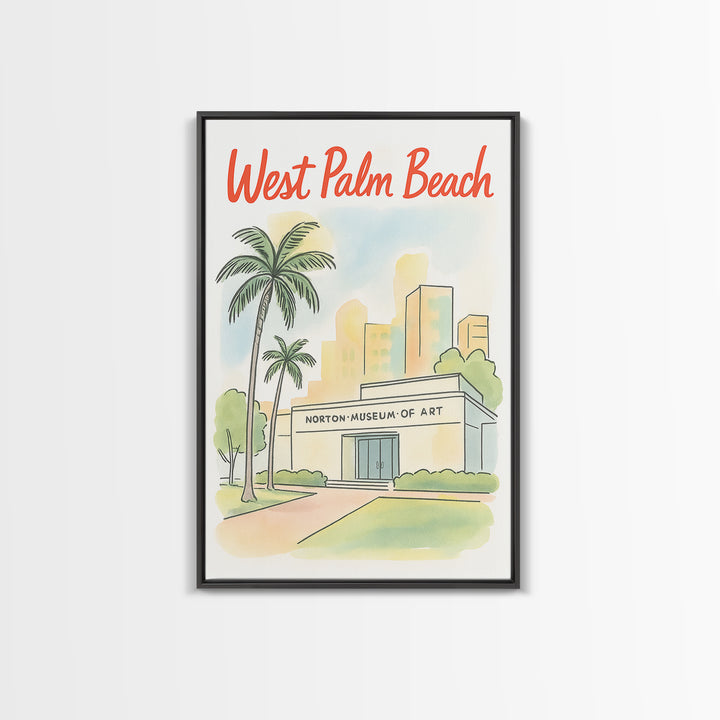 West Palm Beach Travel Poster, Framed Canvas Print, Hand Drawn Watercolor Art, West Palm Beach Wall Art, Travel Wall Decor, Fine Art Print