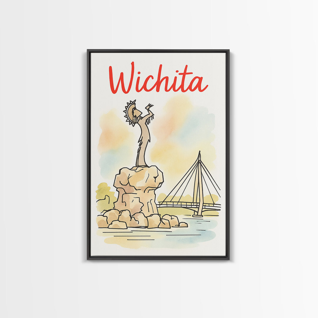 Wichita Travel Poster, Framed Canvas Print, Illustrated City Wall Art, Wichita Art Print, Mid Century Wall Art, Travel Wall Art