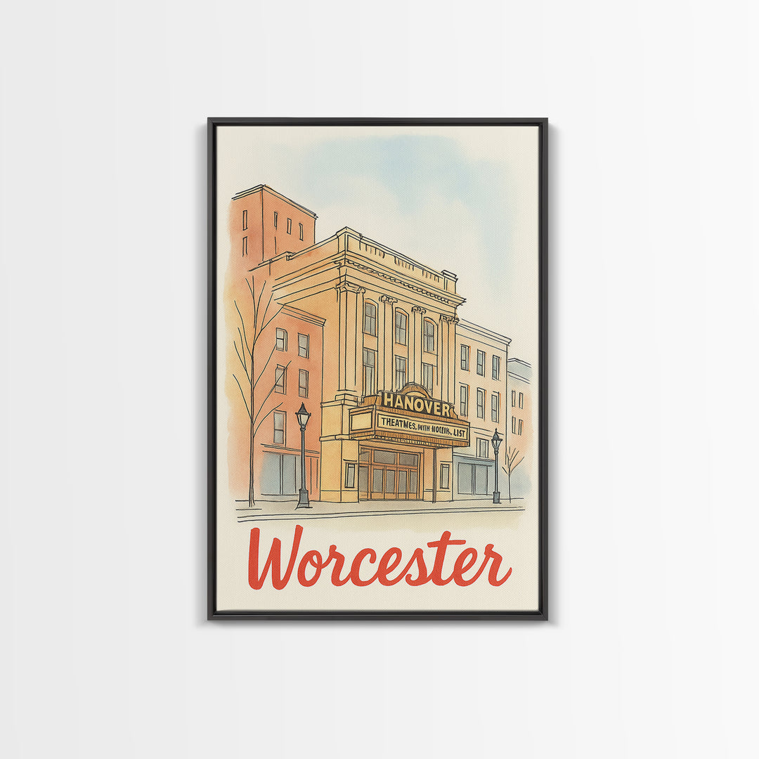 Worcester Massachusetts Travel Poster, Canvas Print, Illustrated City Wall Art, Worcester Art Print, Travel Art, Mid Century Wall Art