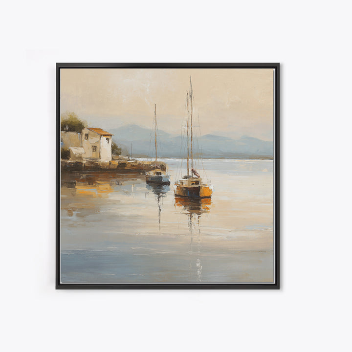 Quiet Harbor with Sailboats at Dawn Canvas Print, Hotel Art, Coastal Wall Art, Hotel Decor, Oil Painting, Boutique, HOT-1x1-22