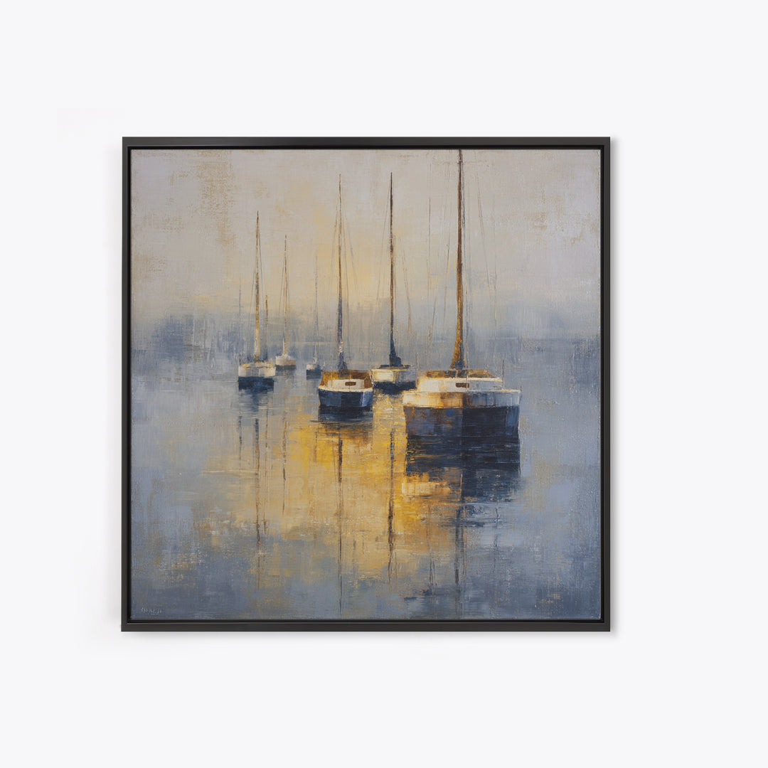 Quiet Harbor with Sailboats at Dawn Framed Canvas Print, Hotel Art, Gallery Wall Set, Hotel Decor, Fine Art, Boutique, HOT-1x1-46