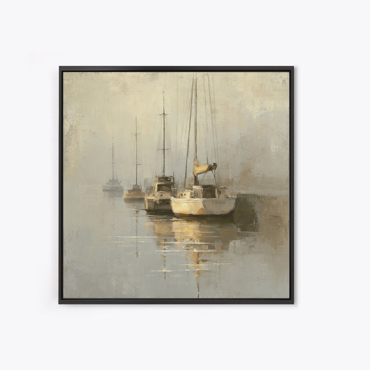 Quiet Harbor with Sailboats at Dawn Framed Canvas Print, Hotel Art, Gallery Wall Set, Hotel Decor, Fine Art, Boutique, HOT-1x1-70