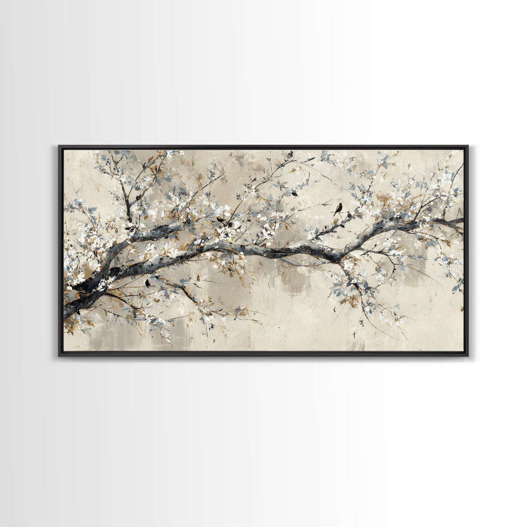 Elegant Botanical Branch on Ivory Ground Framed Canvas Print, Hotel Art, Art Print, Hotel Decor, Oil Painting, Boutique, HOT-2x1-1