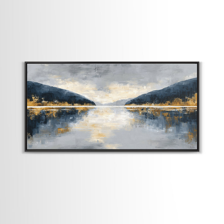 Serene Mountain Lake for Boutique Hotel Mood Framed Canvas Print, Hotel Art, Coastal Decor, Hotel Decor, Oil Painting, Boutique, HOT-2x1-100