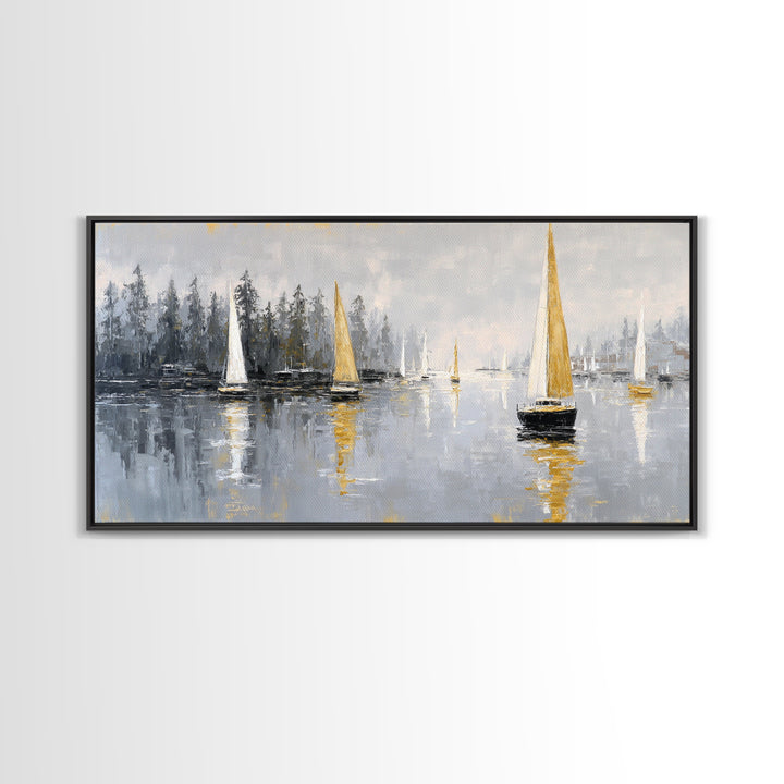 Quiet Harbor with Sailboats at Dawn Framed Canvas Print, Hotel Art, Room Decor, Hotel Decor, Fine Art, Boutique, Art Print, HOT-2x1-18