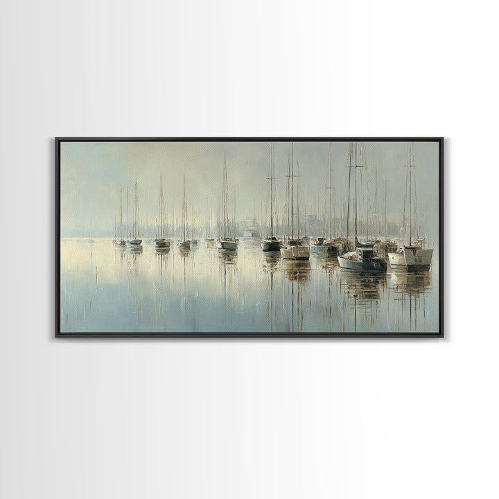 Quiet Harbor with Sailboats at Dawn Framed Canvas Print, Hotel Art, Room Decor, Hotel Decor, Fine Art, Boutique, Art Print, HOT-2x1-42