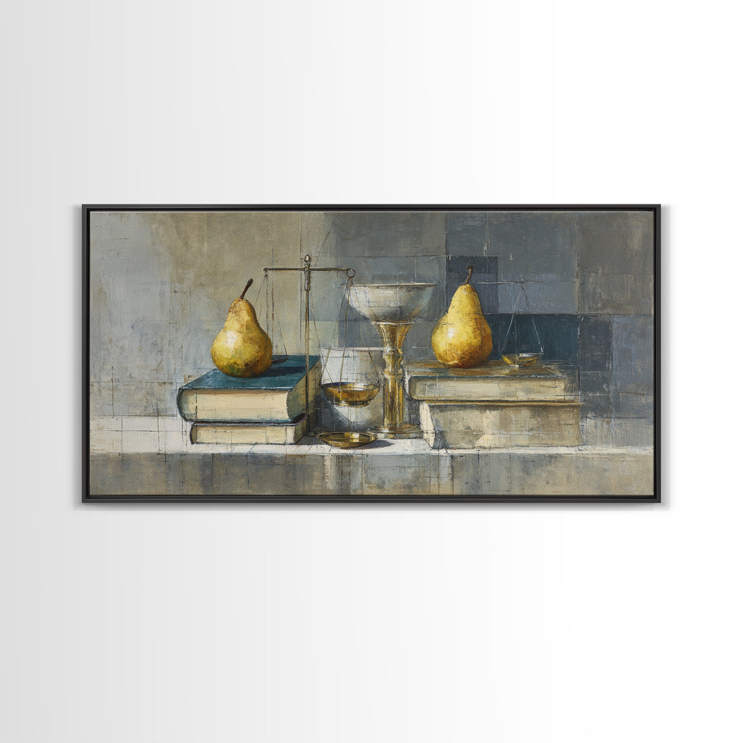 Elegant Pear Still Life on Linen Framed Canvas Print, Hotel Art, Art Deco, Hotel Decor, Fine Art, Boutique, Minimalist Wall Art, HOT-2x1-65