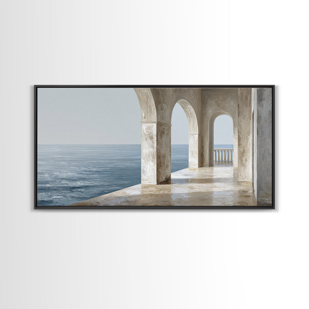 Mediterranean Terrace View Focused on Sea and Framed Canvas Print, Hotel Art, Painting, Hotel Decor, Fine Art, Boutique, HOT-2x1-7