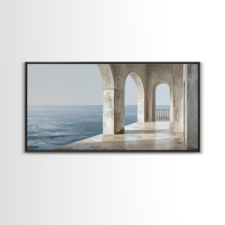 Mediterranean Terrace View Focused on Sea and Framed Canvas Print, Hotel Art, Painting, Hotel Decor, Fine Art, Boutique, HOT-2x1-7