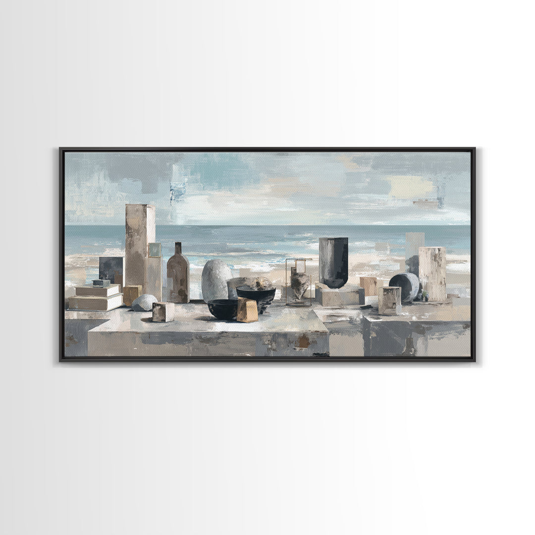 Mediterranean Terrace View Focused on Sea and Framed Canvas Print, Hotel Art, Travel Poster, Hotel Decor, Fine Art, Boutique, HOT-2x1-79