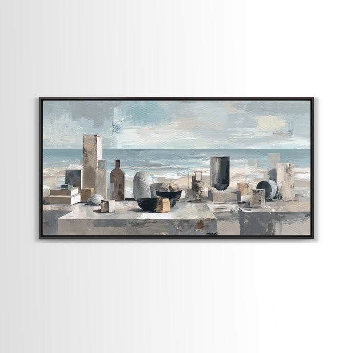 Mediterranean Terrace View Focused on Sea and Framed Canvas Print, Hotel Art, Travel Poster, Hotel Decor, Fine Art, Boutique, HOT-2x1-79