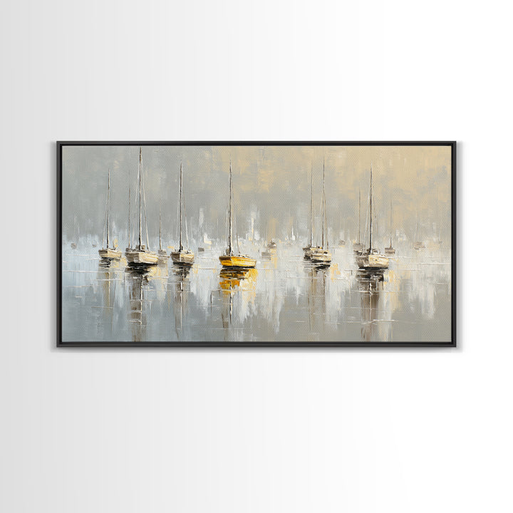 Quiet Harbor with Sailboats at Dawn Framed Canvas Print, Hotel Art, Hotel Decor, Oil Painting, Boutique, Modern Wall Art, HOT-2x1-90