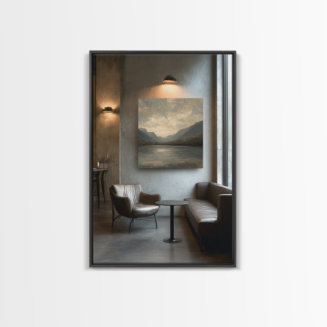 Serene Mountain Lake for Boutique Hotel Mood Framed Canvas Print, Hotel Art, Painting, Hotel Decor, Fine Art, Boutique, HOT-2x3-64