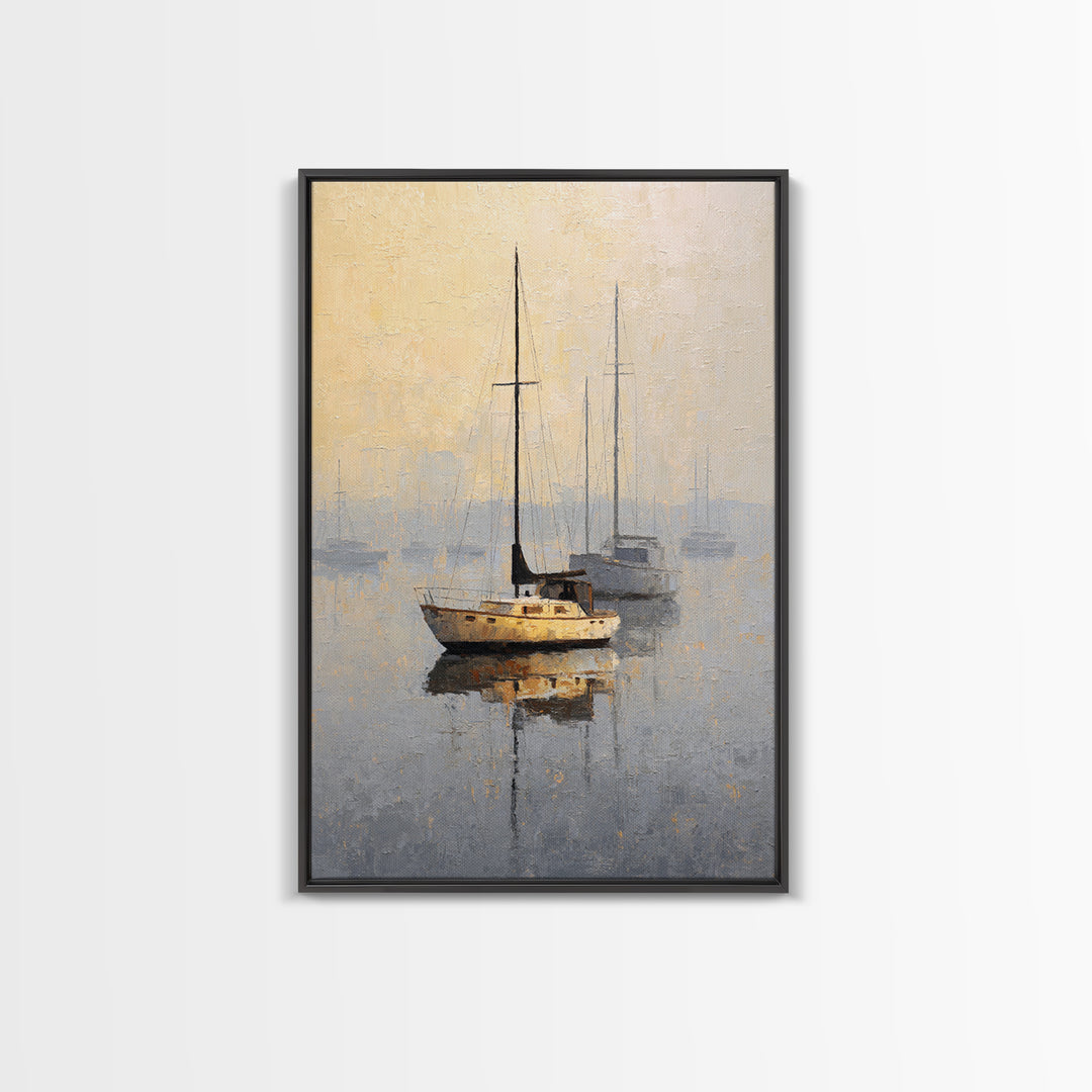 Quiet Harbor with Sailboats at Dawn Framed Canvas Print, Hotel Art, Mid Century Modern, Hotel Decor, Fine Art, Boutique, HOT-2x3-78