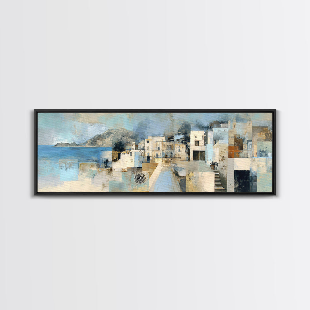Mediterranean Terrace View Focused on Sea and Framed Canvas Print, Hotel Art, Textured Painting, Hotel Decor, Boutique, HOT-3x1-27