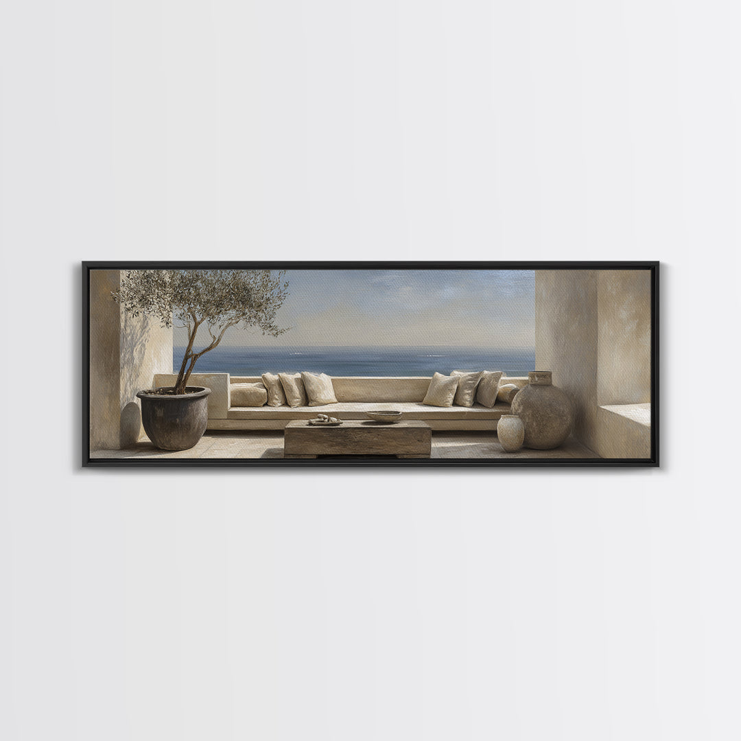 Mediterranean Terrace View Focused on Sea and Framed Canvas Print, Hotel Art, Art Print, Hotel Decor, Fine Art, Boutique, HOT-3x1-99