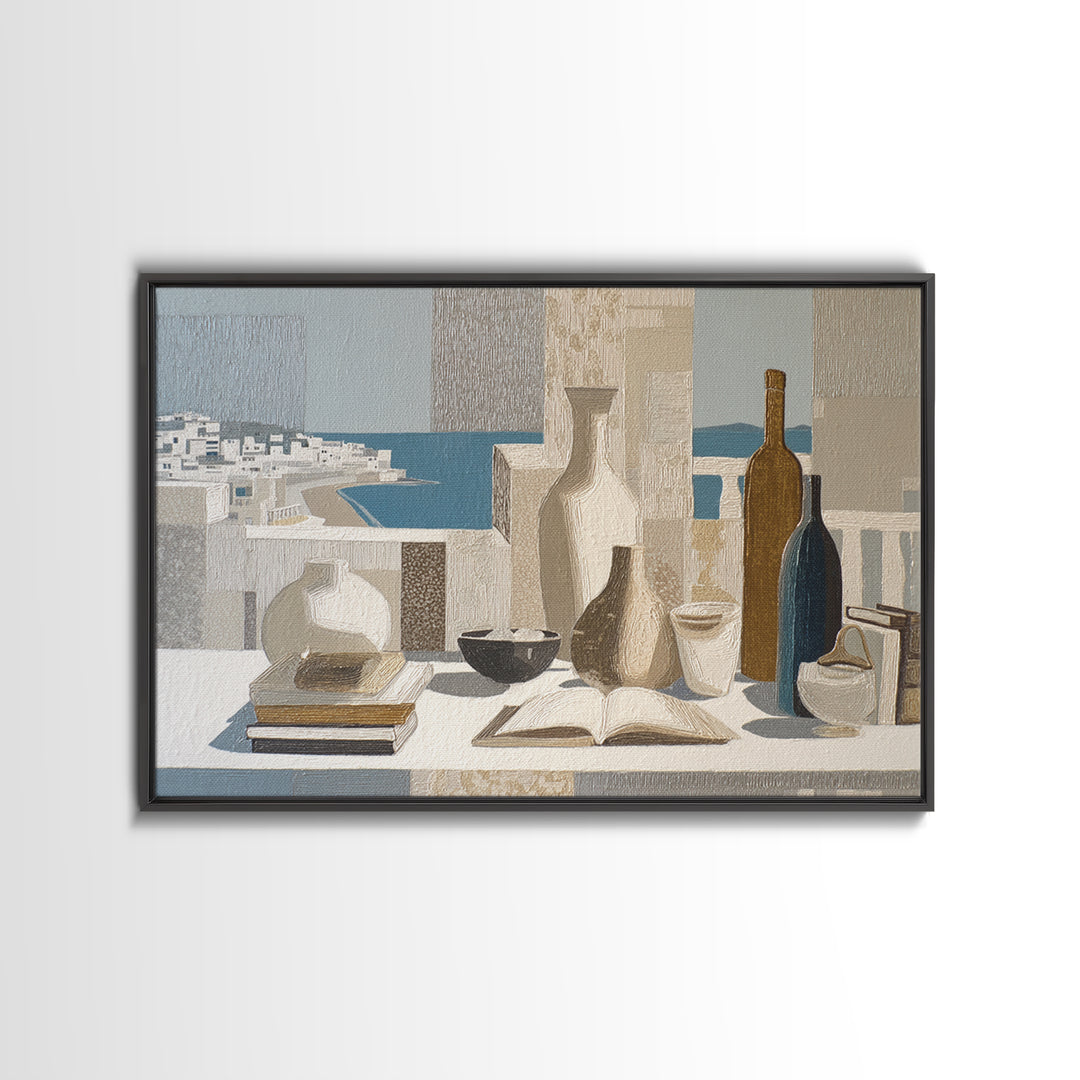 Mediterranean Terrace View Focused on Sea and Framed Canvas Print, Hotel Art, Modern Wall Art, Hotel Decor, Fine Art, Boutique, HOT-3x2-15