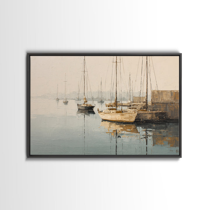 Quiet Harbor with Sailboats at Dawn Framed Canvas Print, Hotel Art, Mid Century Modern, Hotel Decor, Fine Art, Boutique, HOT-3x2-2