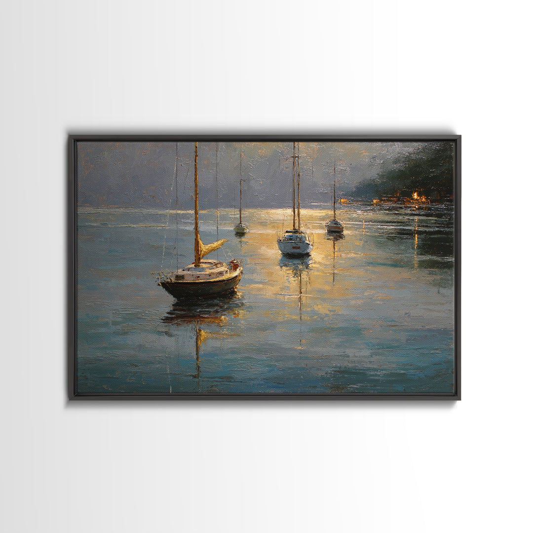 Quiet Harbor with Sailboats at Dawn Framed Canvas Print, Hotel Art, Coastal Wall Art, Hotel Decor, Oil Painting, Boutique, HOT-3x2-50