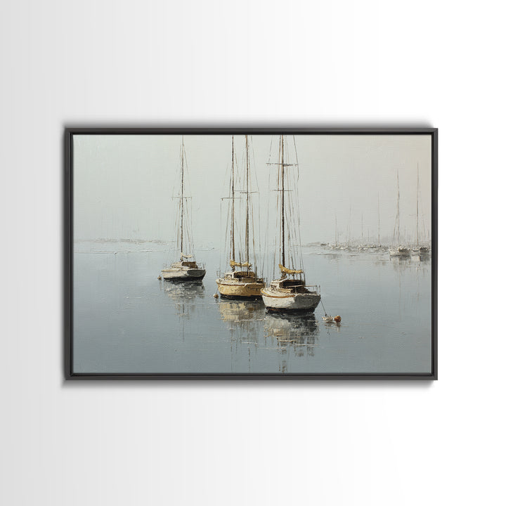 Quiet Harbor with Sailboats at Dawn Framed Canvas Print, Hotel Art, Coastal Wall Art, Hotel Decor, Oil Painting, Boutique, HOT-3x2-74