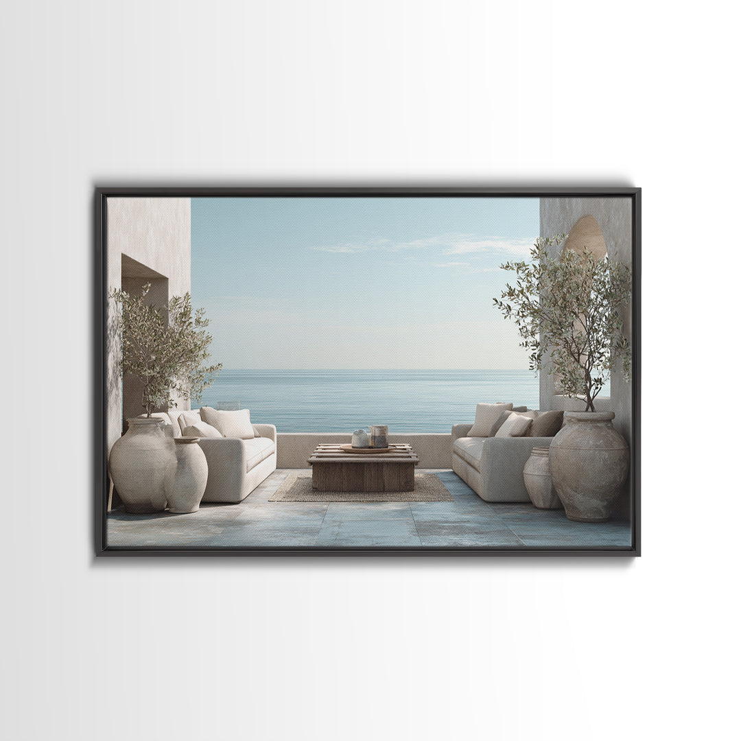 Mediterranean Terrace View Focused on Sea and Framed Canvas Print, Hotel Art, Poster, Hotel Decor, Fine Art, Boutique, HOT-3x2-87