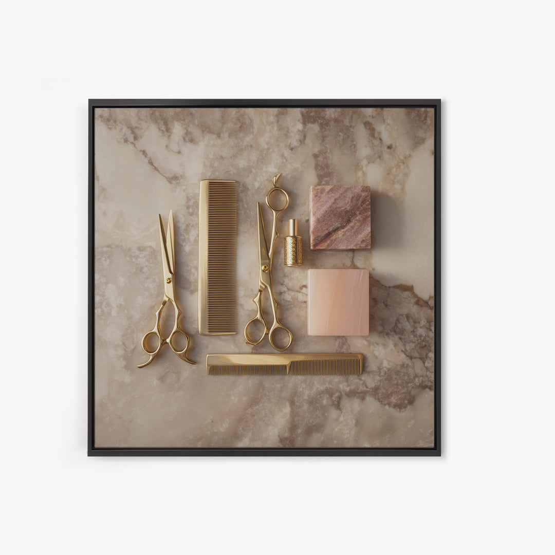 Gold Scissors and Comb Still Life on Framed Canvas Print, Hair Salon Art, Digital Download Art, Living Room Decor, Style, HSA-1x1-2