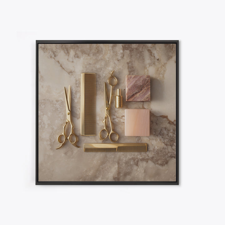 Gold Scissors and Comb Still Life on Framed Canvas Print, Hair Salon Art, Digital Download Art, Living Room Decor, Style, HSA-1x1-2