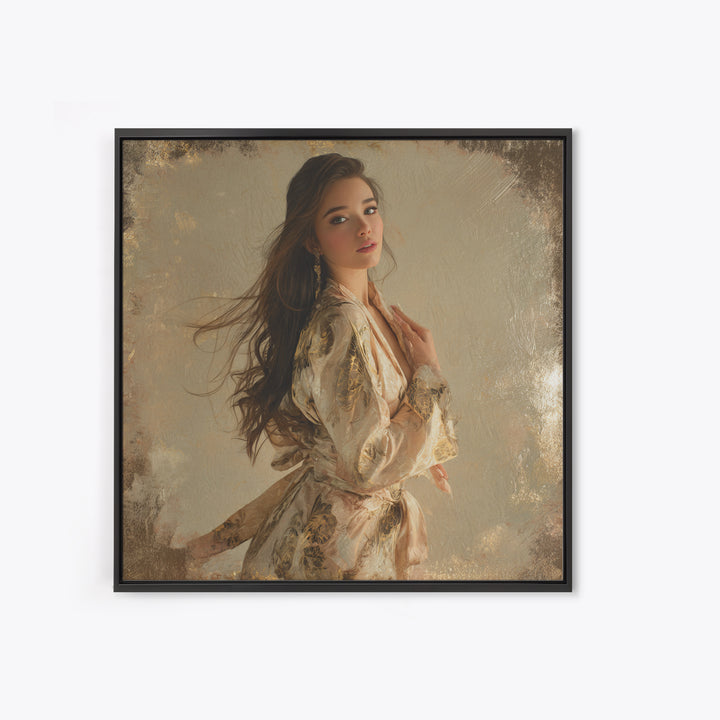 Fashion Portrait with Flowing Glossy Hair Canvas Print, Hair Salon Art, Neutral Decor, Living Room Decor, Oil Painting, Style, HSA-1x1-25