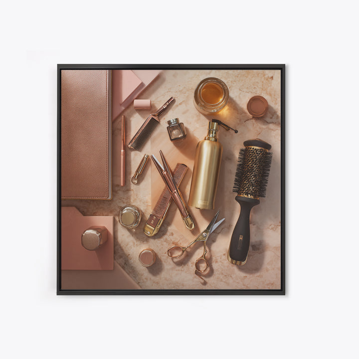 Rose Gold Salon Tool Still Life Framed Canvas Print, Hair Salon Art, Hairdresser Gift, Living Room Decor, Fine Art, Style, HSA-1x1-62