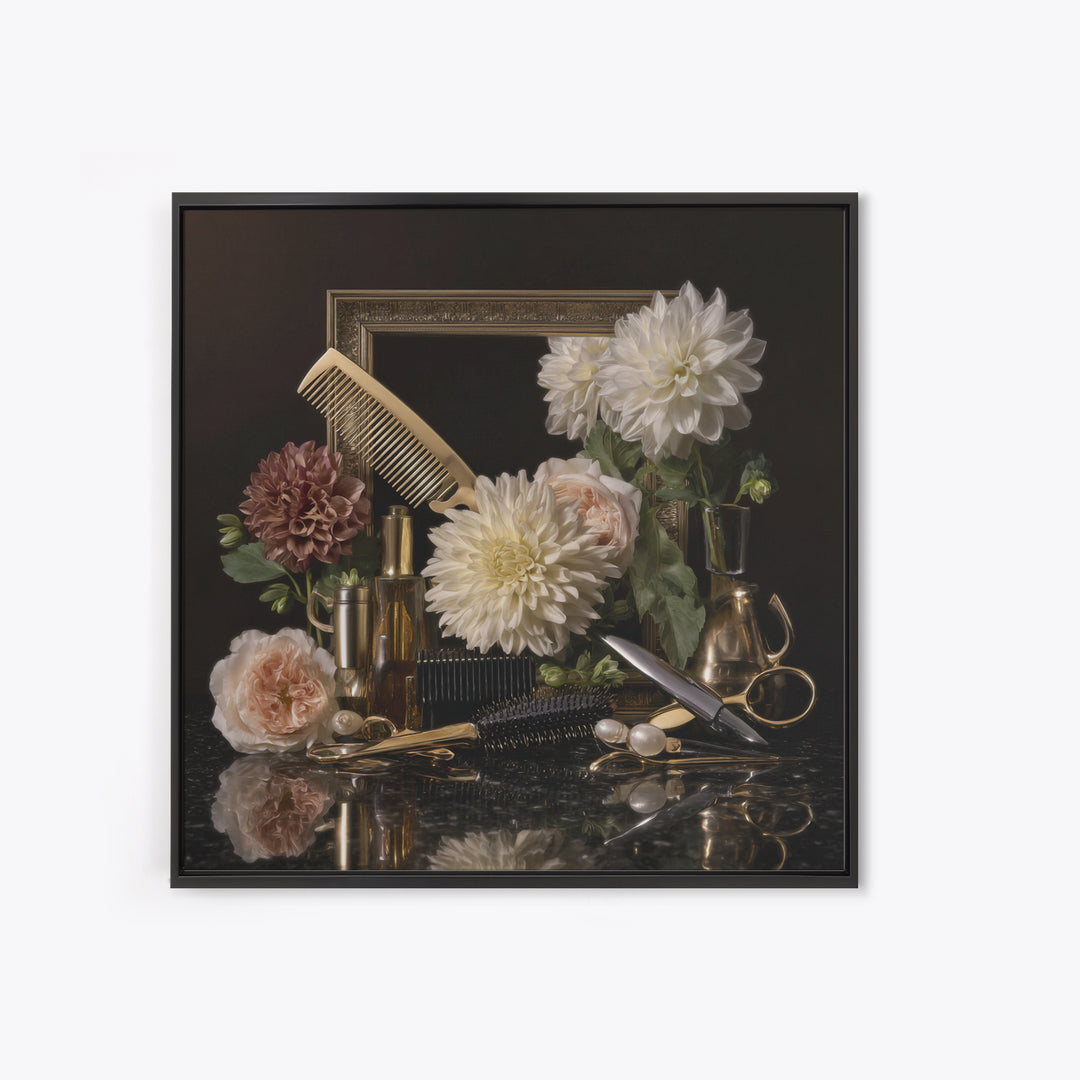Baroque Mirror and Comb Still Life Framed Canvas Print, Hair Salon Art, Home Decor, Living Room Decor, Fine Art, Style, HSA-1x1-65