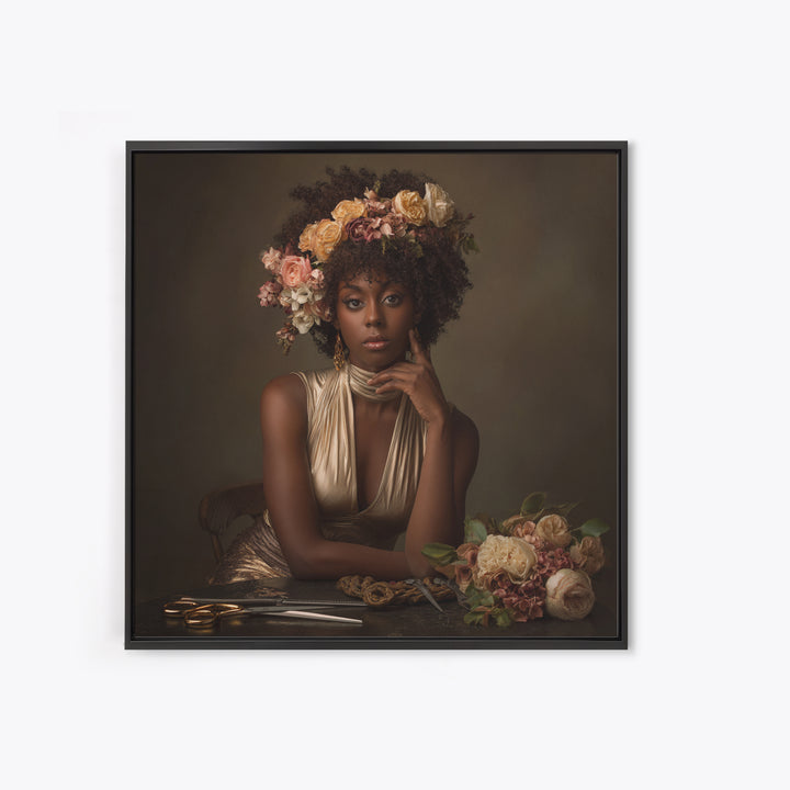 Afro Hair Portrait Framed Canvas Print, Hair Salon Art, Black Woman Wall Art, Living Room Decor, Oil Painting, Style, HSA-1x1-68