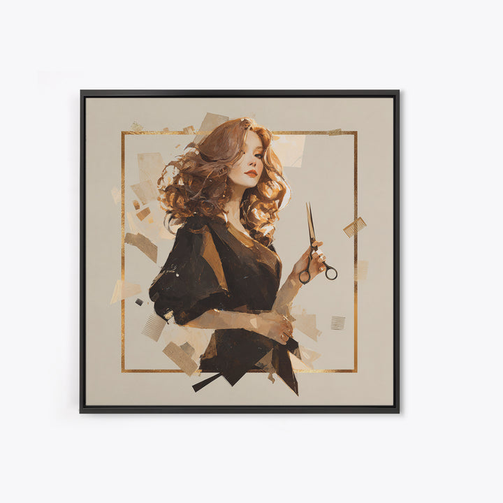 Luxury Black and Gold Beauty Emblem Framed Canvas Print, Hair Salon Art, Hair Stylist, Living Room Decor, Abstract Art, Style, HSA-1x1-72