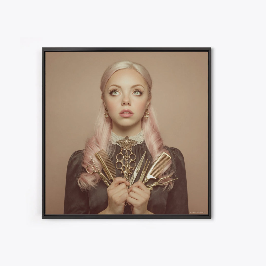 Glamour Face Portrait Framed Canvas Print, Hair Salon Art, Metal Wall Art, Living Room Decor, Style, Black and White Art, HSA-1x1-8