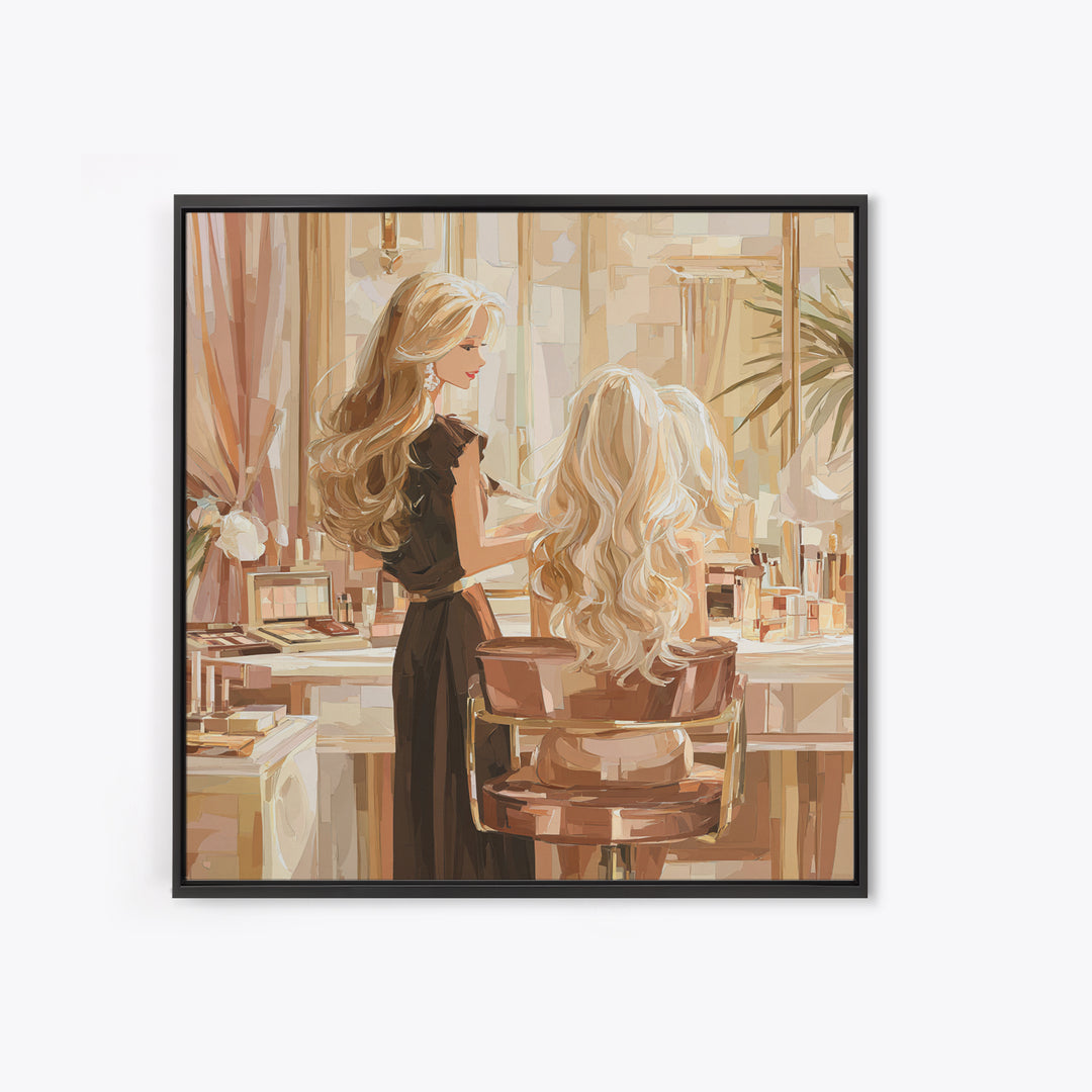 Blonde Waves Painted Framed Canvas Print, Hair Salon Art, Textured Painting, Living Room Decor, Fine Art, Style, Black Art, HSA-1x1-88