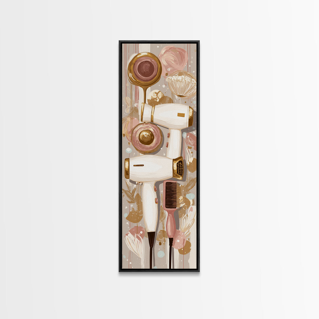Hairdryer and Brush Framed Canvas Print, Hair Salon Art, Boho Decor, Living Room Decor, Oil Painting, Style, Art Print, HSA-1x3-45