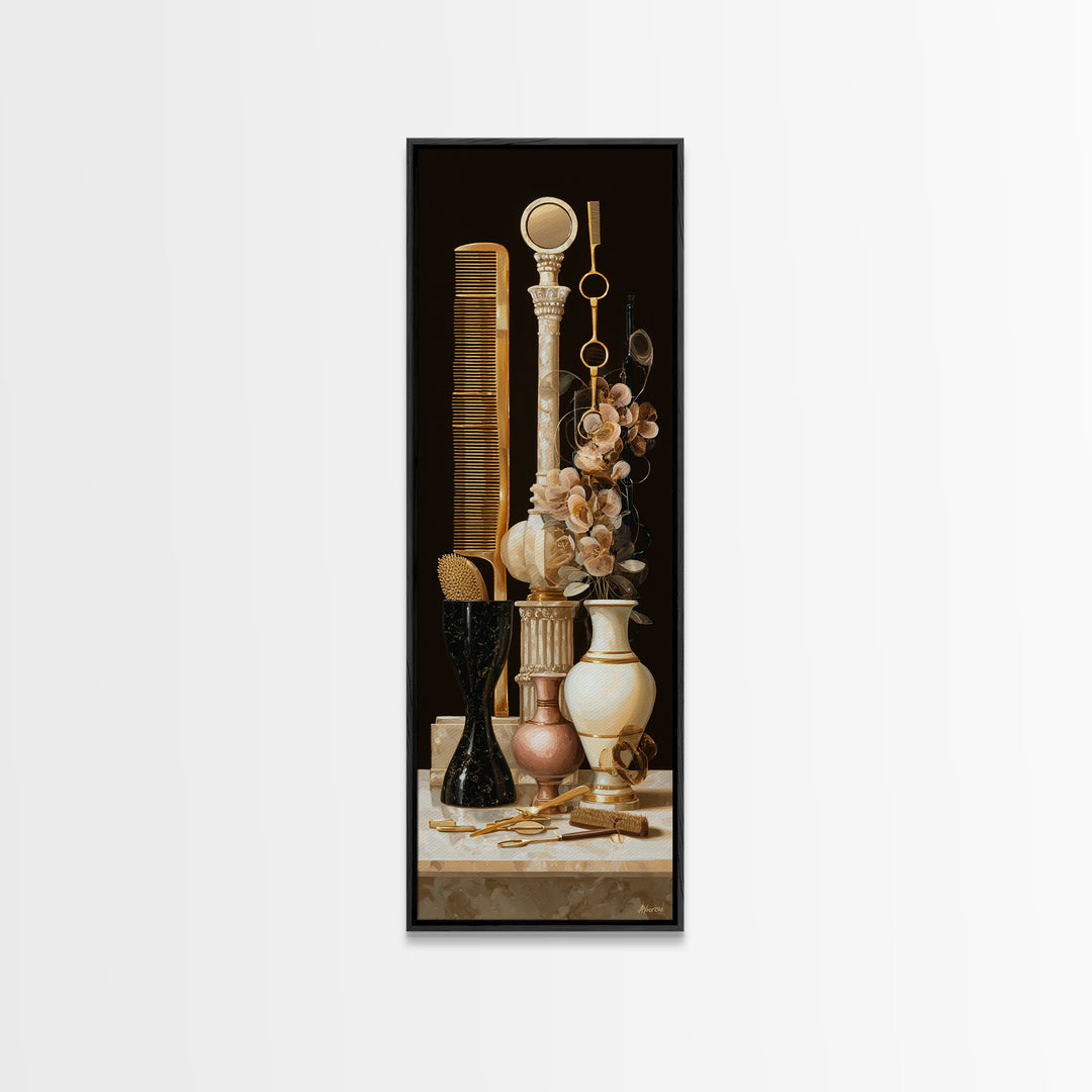 Baroque Mirror and Comb Still Life Framed Canvas Print, Hair Salon Art, Neutral Decor, Living Room Decor, Fine Art, Style, HSA-1x3-53