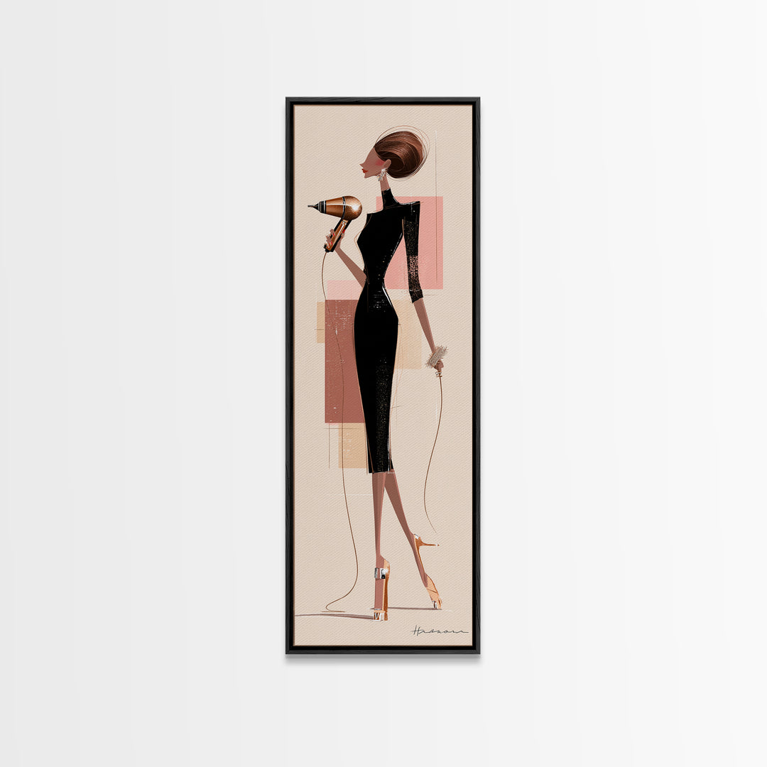Hairdryer and Brush Framed Canvas Print, Hair Salon Art, Boho Decor, Living Room Decor, Oil Painting, Style, Art Print, HSA-1x3-69
