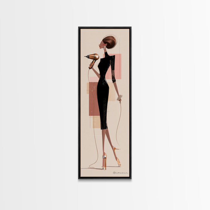 Hairdryer and Brush Framed Canvas Print, Hair Salon Art, Boho Decor, Living Room Decor, Oil Painting, Style, Art Print, HSA-1x3-69