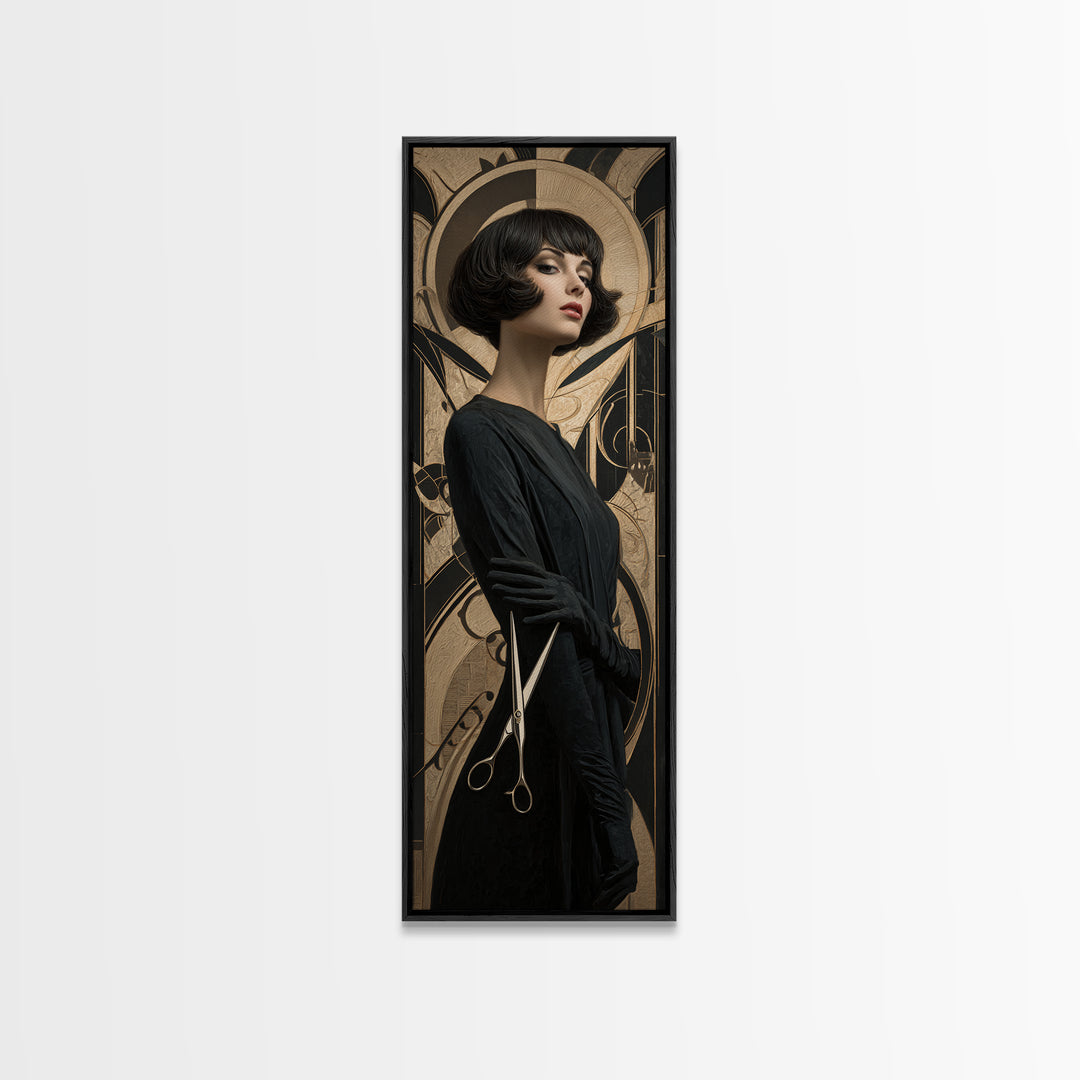Woman with Dramatic Bob Haircut in Art Canvas Print, Hair Salon Art, African Art, Living Room Decor, Oil Painting, Style, HSA-1x3-88