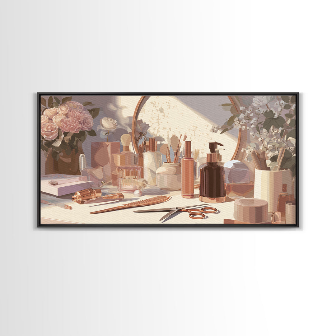 Rose Gold Salon Tool Still Life Framed Canvas Print, Hair Salon Art, Luxury Decor, Living Room Decor, Fine Art, Style, HSA-2x1-10