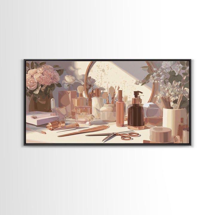 Rose Gold Salon Tool Still Life Framed Canvas Print, Hair Salon Art, Luxury Decor, Living Room Decor, Fine Art, Style, HSA-2x1-10