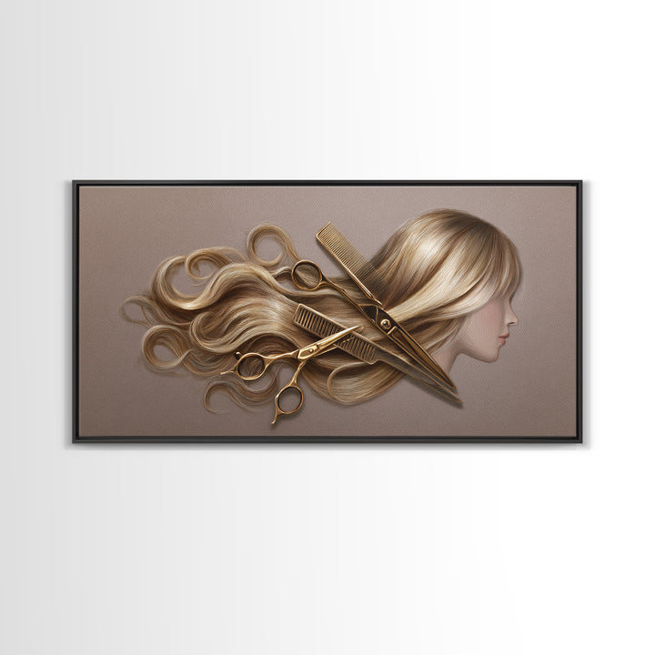 Luxury Black and Gold Beauty Emblem Framed Canvas Print, Hair Salon Art, Fine Art Print, Living Room Decor, Fine Art, Style, HSA-2x1-20