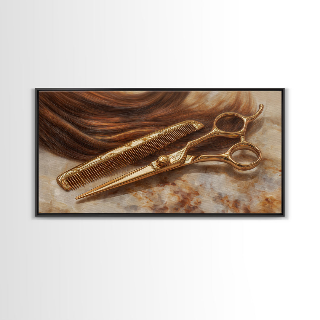 Gold Scissors and Comb Still Life on Canvas Print, Hair Salon Art, Statement Artwork, Living Room Decor, Fine Art, Style, HSA-2x1-22