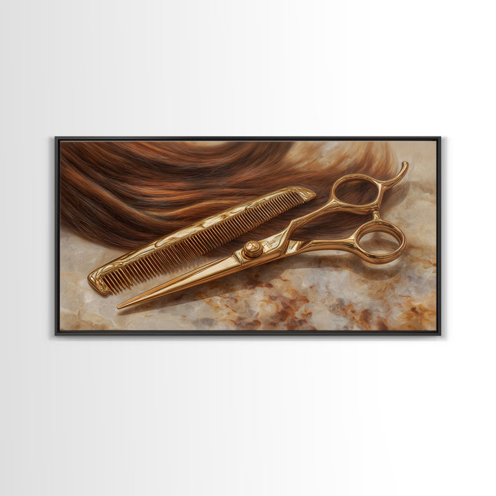 Gold Scissors and Comb Still Life on Canvas Print, Hair Salon Art, Statement Artwork, Living Room Decor, Fine Art, Style, HSA-2x1-22