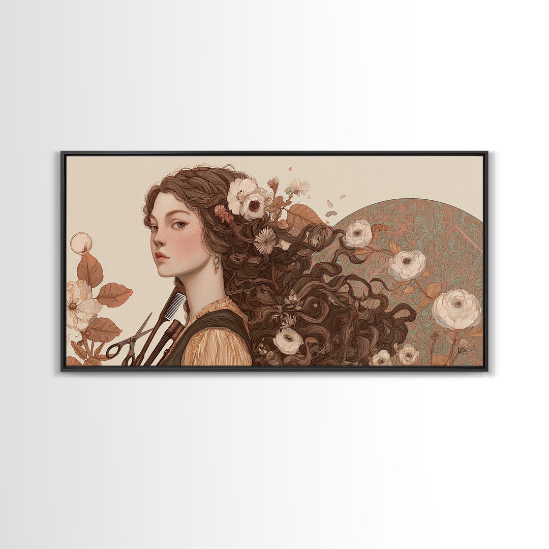 Botanical Hairstyle Portrait Canvas Print, Hair Salon Art, Boho Decor, Living Room Decor, Fine Art, Style, Art Print, HSA-2x1-26