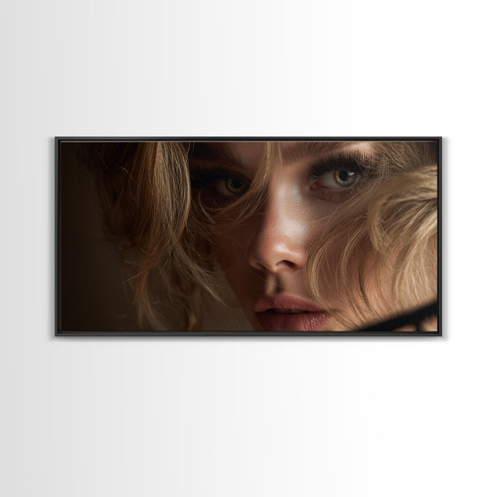 Glamour Face Portrait Framed Canvas Print, Hair Salon Art, Minimalist Decor, Living Room Decor, Fine Art, Style, Black Wall Art, HSA-2x1-28