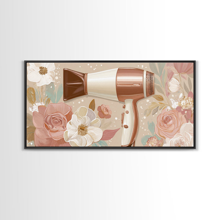 Hairdryer and Brush Framed Canvas Print, Hair Salon Art, Art, Living Room Decor, Watercolor Art, Style, Black Art Prints, HSA-2x1-29
