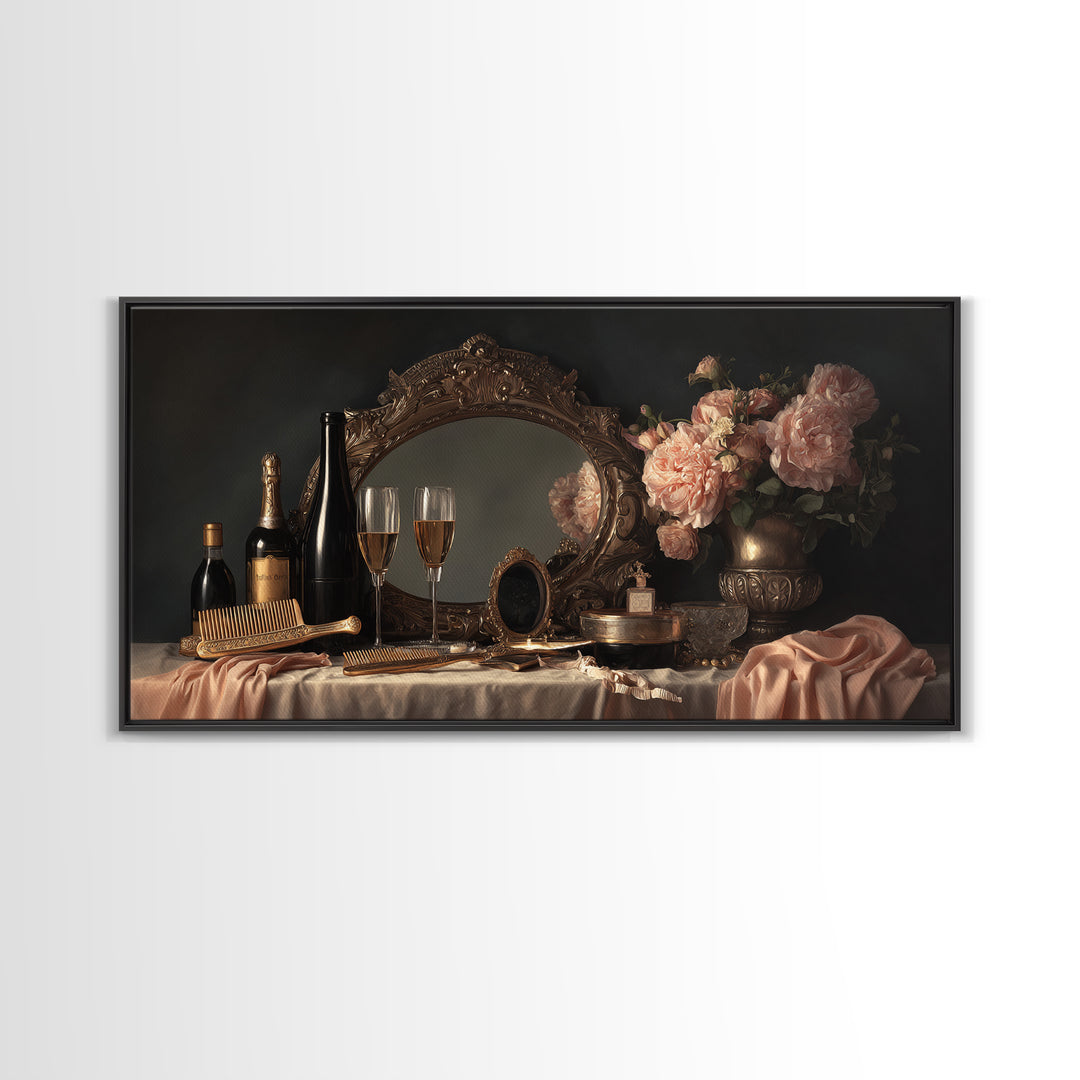 Baroque Mirror and Comb Still Life Framed Canvas Print, Hair Salon Art, Minimalist Decor, Living Room Decor, Fine Art, Style, HSA-2x1-37